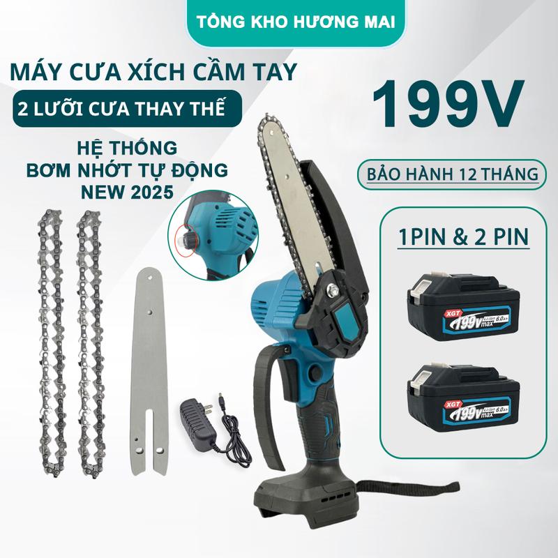 NEW 2026 Bộ Máy Cưa Xích Dùng PIN 199V Máy Cưa Mini Cầm Tay Lõi Đồng Mạnh Mẽ Bền Bỉ Hệ Thống Bơm Nhớt Tự Động Tiết Kiệm Tiện Lợi Cho Gia Đình BH 12 Tháng