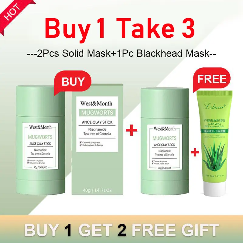[Buy 1 Take 3] Mugwort Clay Stick Green Tea Cleansing Face Mask Stick Skincare Moisturizing Hydrating Refreshing Mask Mud Film 3Pcs Set