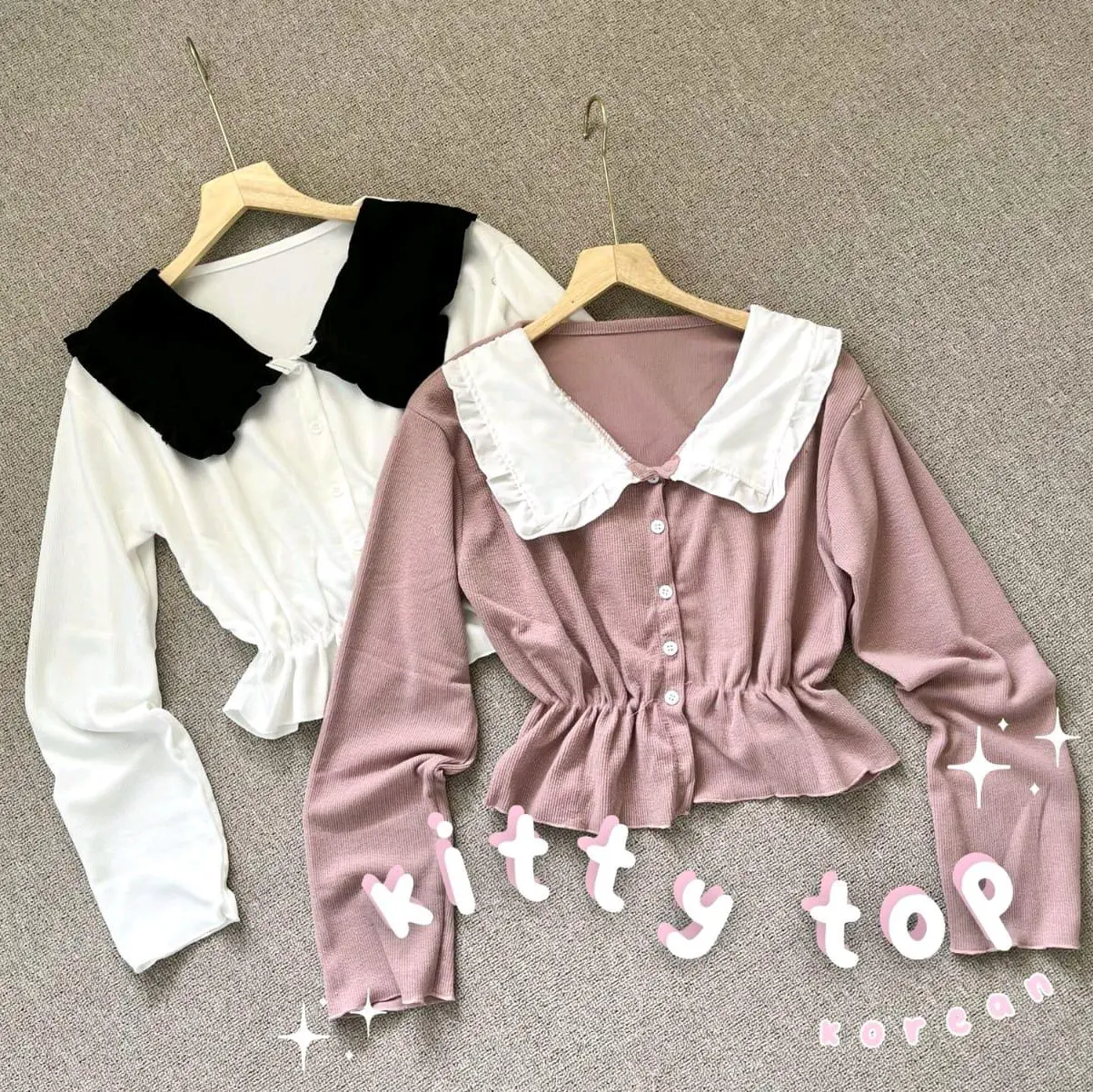 KITTY KOREAN TOP // ATASAN BLOUSE KERAH KOREA RUFFLE KNIT RAJUT SNOWRIBB