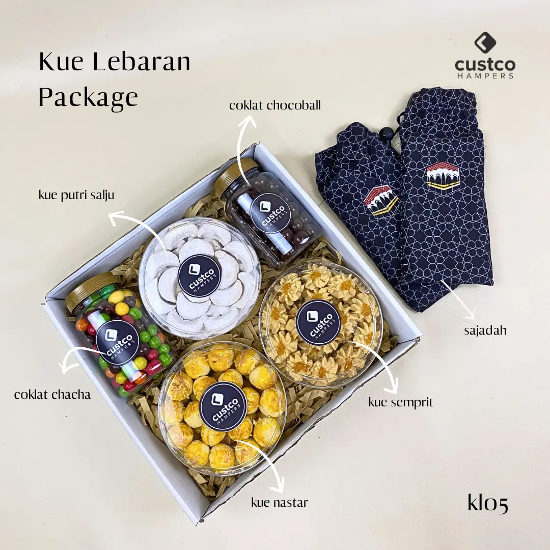 Hampers Kue Lebaran Premium + Cokelat + Sajadah | KL05 | Custco Kue Kering | Parcel Kue Nastar | Kue Putri Salju