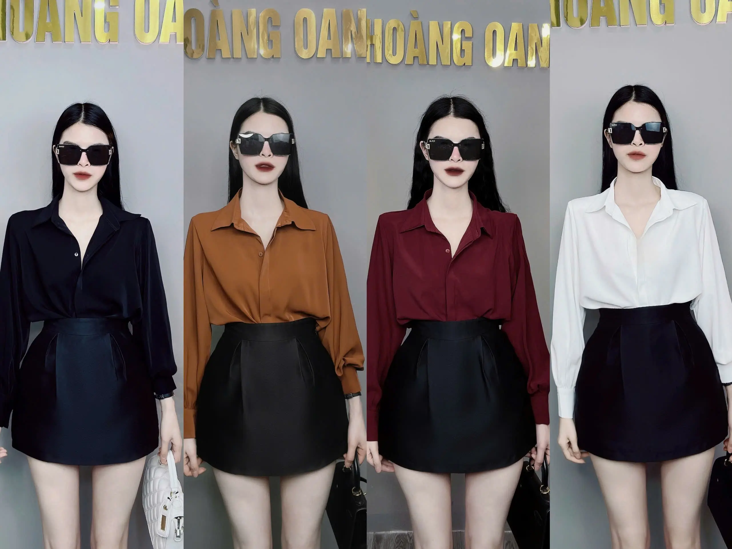 Áo sơ mi lụa dài tay, tay bồng đệm vai Nữ Top