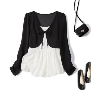 Kemeja-T Gaya Korea, Koleksi Musim Luruh, Saiz Besar Sedikit Gemuk, Gaya Perancis, Jahitan Renda Dua Keping Palsu, Rekaan Cantik, Atasan Elegan, 80236