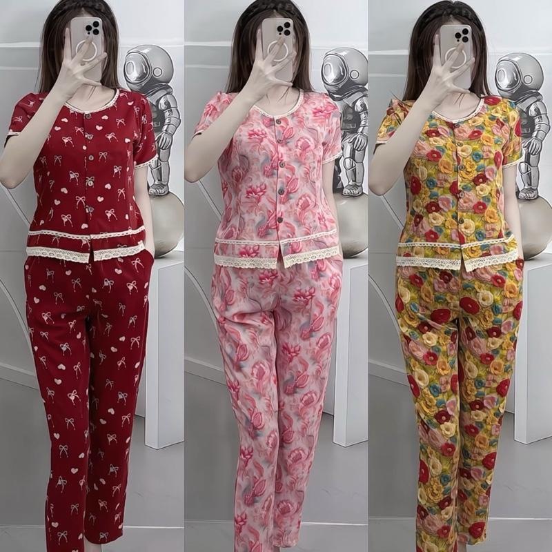 Quần dài Set đồ bộ mango cổ ren phom rộng thoải mái nút rời vải mềm mát hoạ tiết phối ren xinh