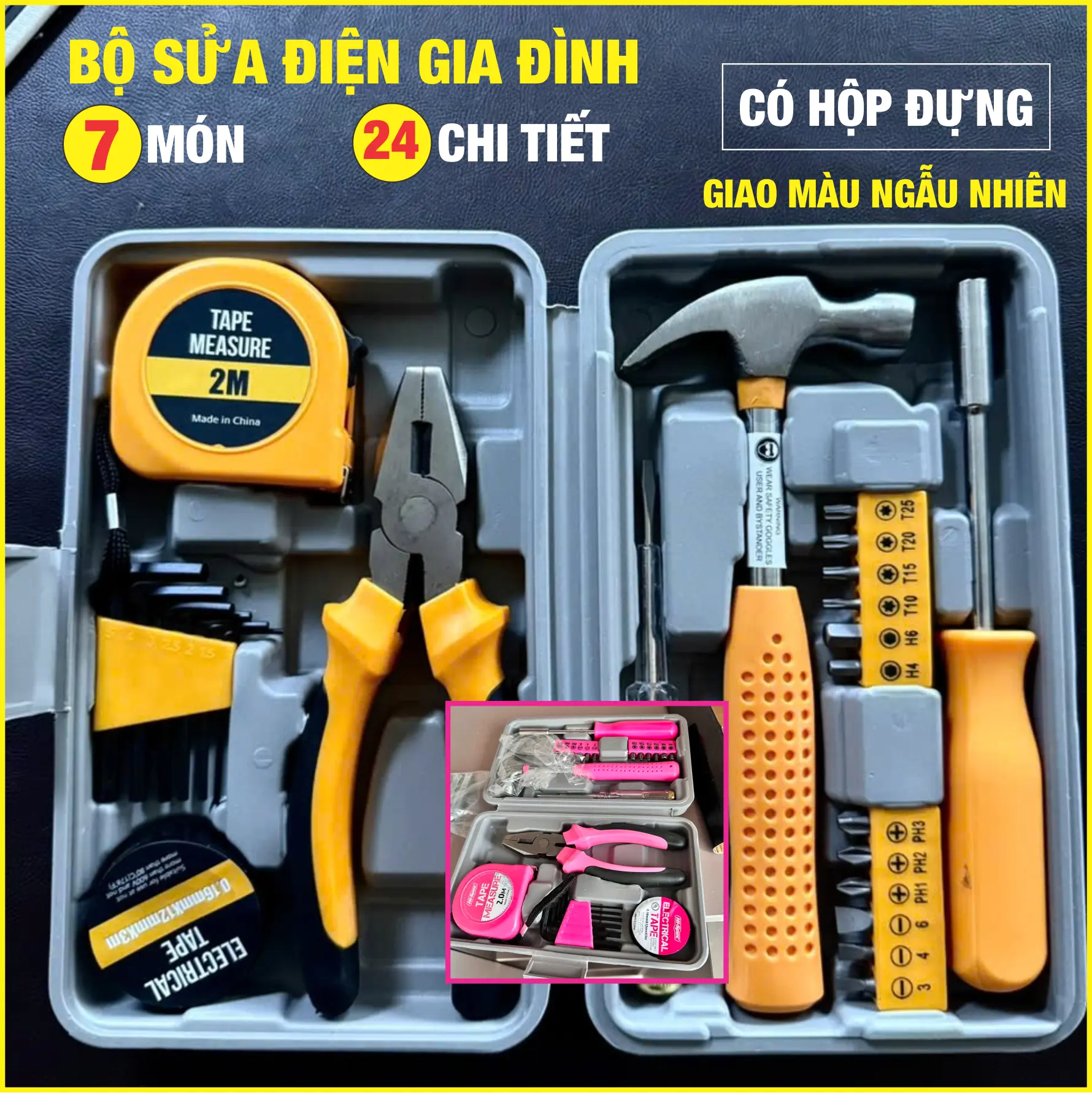 Bộ dụng cụ sửa điện đa năng gia đình 7 món 24 chi tiết có hộp đựng nhựa cứng cáp, tiệc ích gia đình