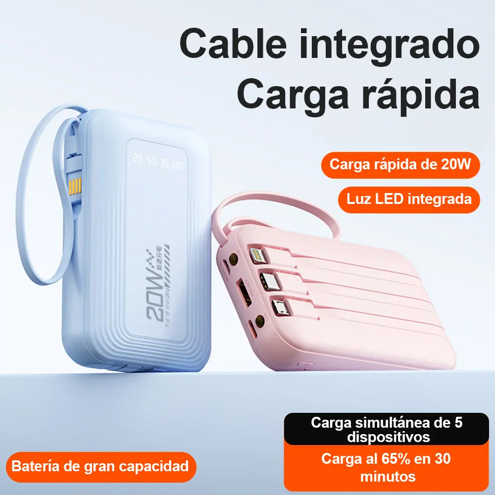 Jiditech Powerbank A20000 20W – Cargador Rápido Mini, Batería de Gran Capacidad, Cuatro Cables Integrados, Compatible con Todos los Dispositivos, Carga Simultánea de 5 Dispositivos, Diseño Compacto y Portátil, Ideal para Viajes y Uso Diario, Con Luz LED,