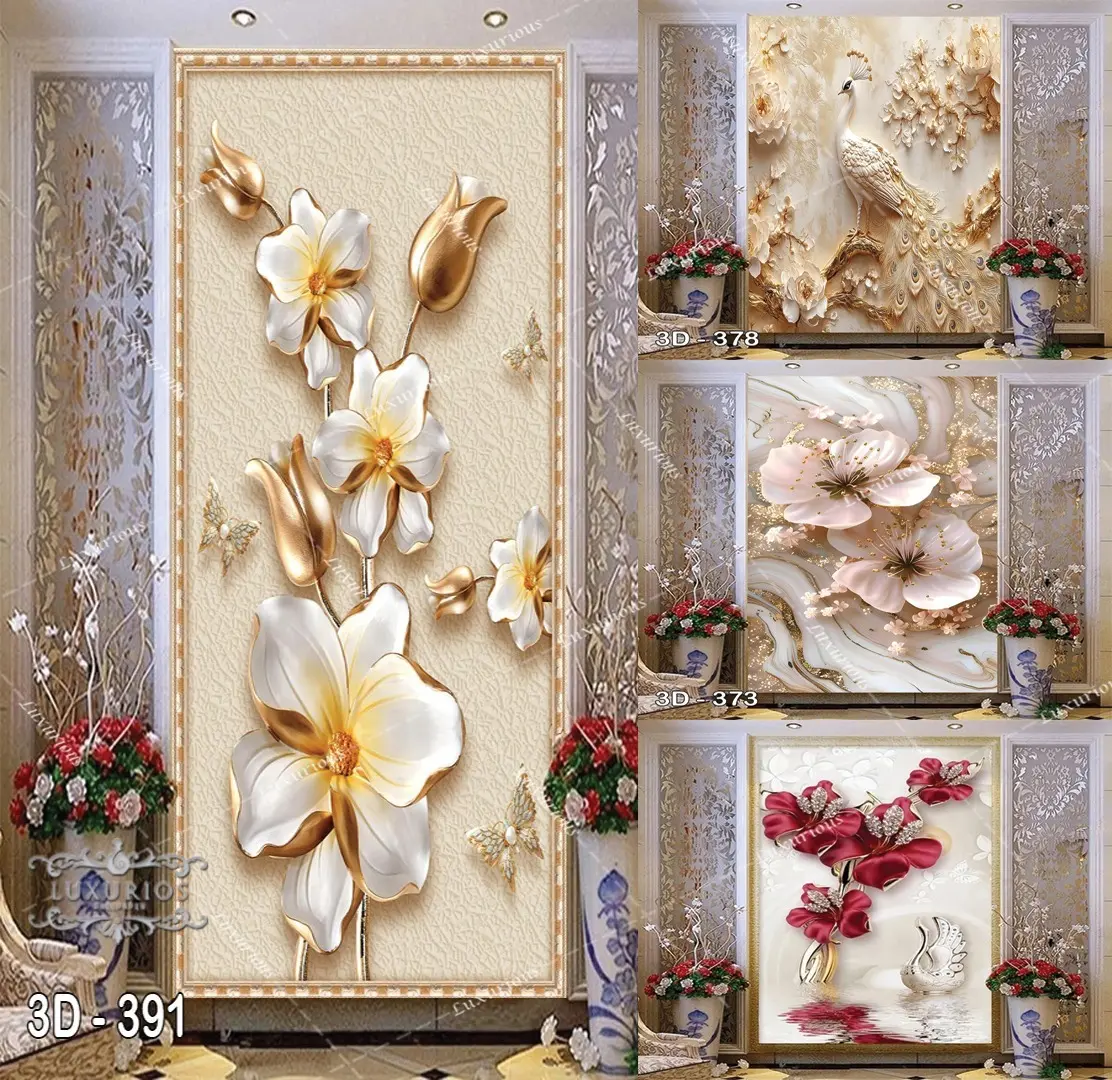 Wallpaper 3D Custom Dinding Frame Elegant Motif Bunga Merah Cantik Batu Marmer