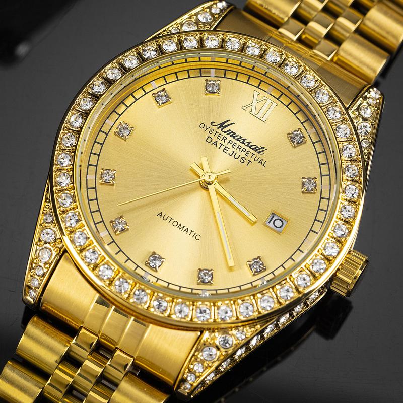 ĐỘC QUYỀN HÙNG LUXURY .VN - N329 - Đồng hồ nam Mmassati dây thép vàng – Mặt vàng đính đá viền đá sang trọng