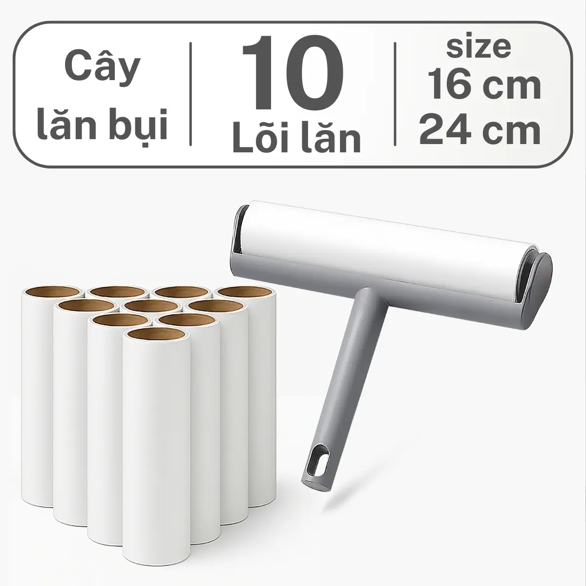 Cây Lăn Bụi + 10 Lõi Lăn Size Lớn 16cm, 24 cm Living C, Lõi 55 Lớp Siêu Dính, Làm Sạch Sofa, Quần Áo, Chăn Ga