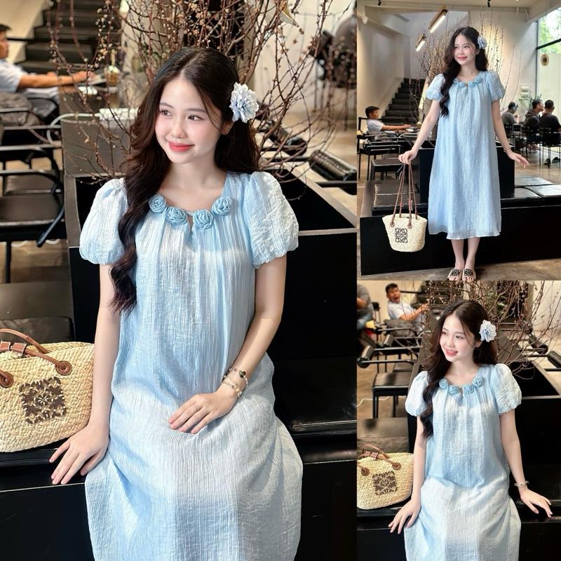 Đầm bầu Fancy kết bông cổ tròn V tay phồng form suông thanh lịch dịu dàng cho mẹ đi tiệc đi làm mang Tết