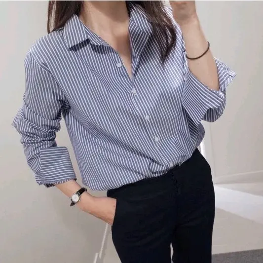 kemeja wanita terbaru / kemeja wanita casual / kemeja wanita cantik Baju Katun Nyaman Panjang Salur Santai