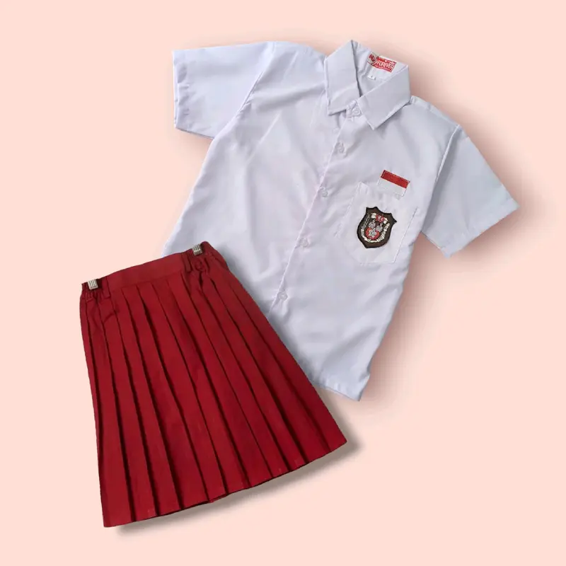 Setelan Seragam sekolah Merah Putih SD Anak Perempuan Baju Putih Lengan Pendek Rok Merah Pendek 2