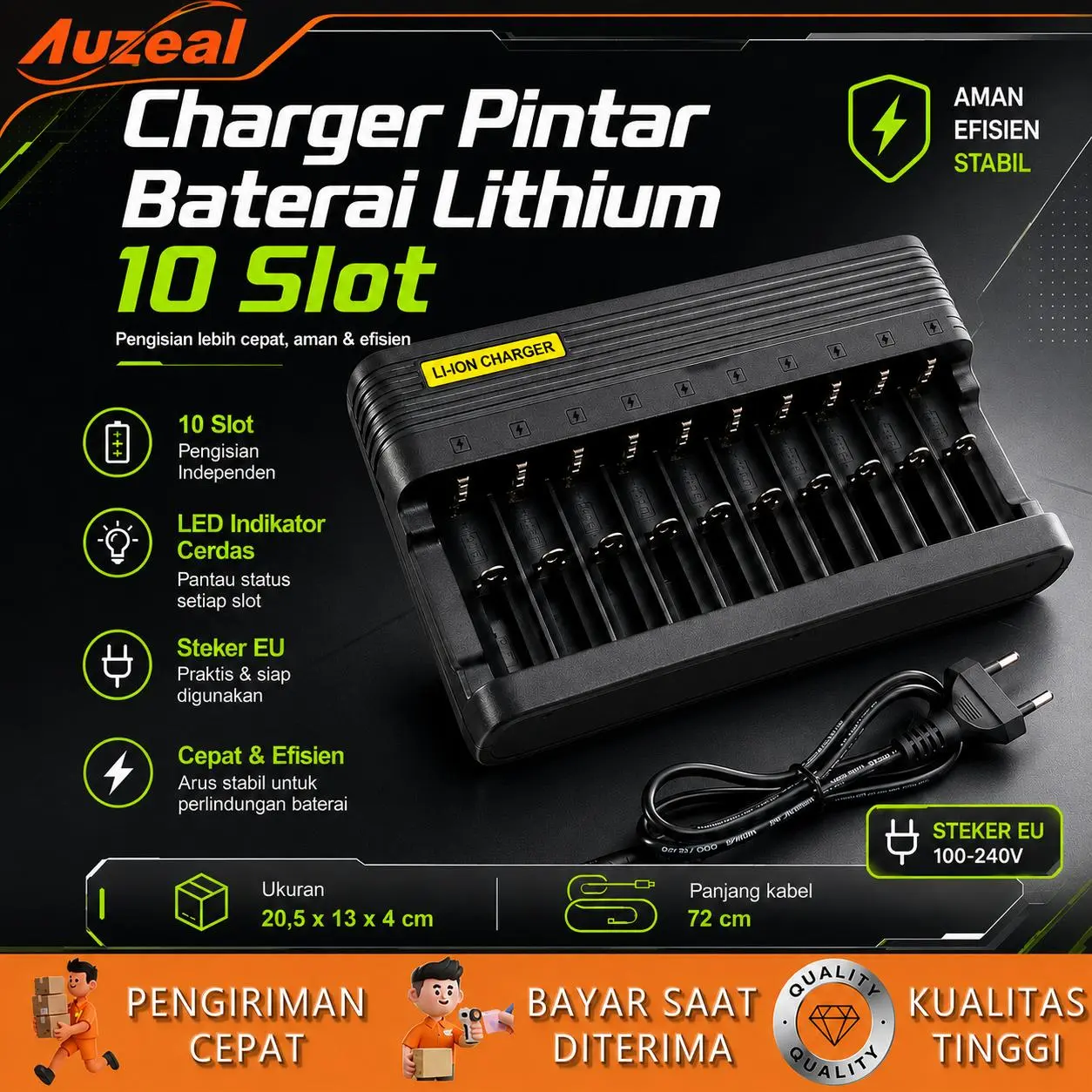 Auzeal Charger Baterai Lithium 10 Slot Fast Charging Cocok DIY Powerbank Pembuat Alat Elektronik Portable Skala Kecil Di Rumah