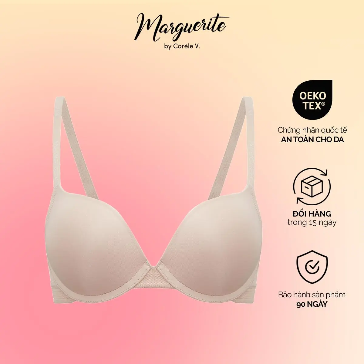 (KOL) [Áo có cúp C/size 90B - Màu mới trắng kem] Áo lót nữ Marguerite 31141 mút nâng vừa, có gọng phối thun lưới sau lưng tinh tế, thoáng mát, chuẩn an toàn OEKO-TEX