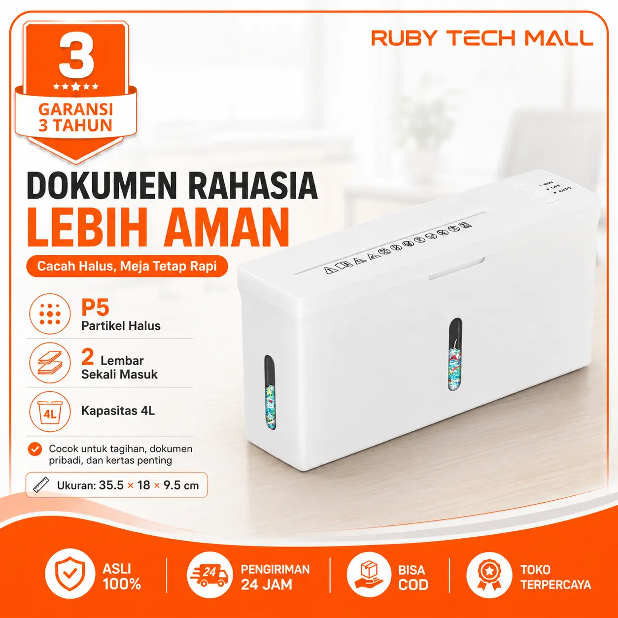Mesin Penghancur Kertas 4L Paper Shredder P5 Micro Cut Pemotong Dokumen 2 Lembar Otomatis