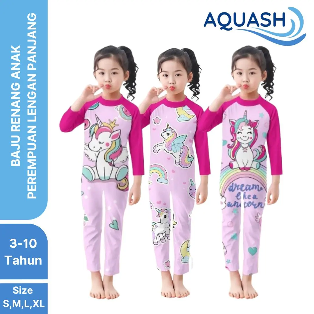 Baju Renang Lengan Panjang Perempuan Usia 3-10 Tahun Bahan Spandex Premium Karakter Unicorn Queen Smile Fly