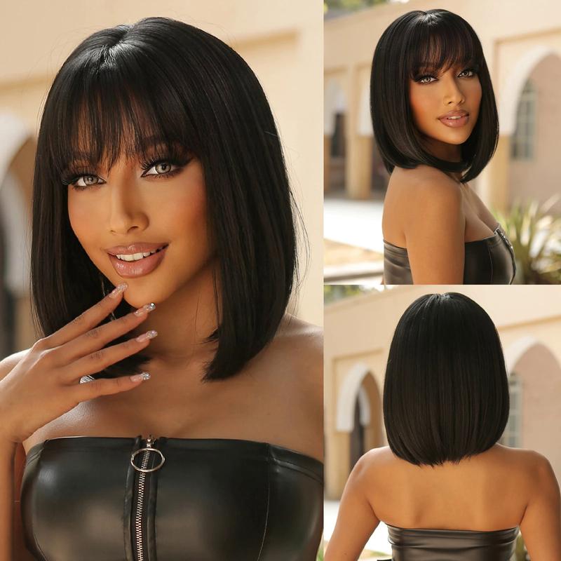 Product Introduction of Bob Short Straight Synthetic Wigs with Bangs Black Hair Wigs for Women Daily Cosplay Party Wigs Heat Resistant 11