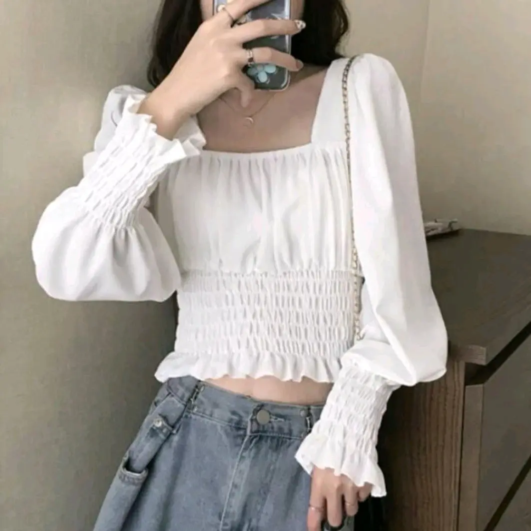 atasan crop wanita kerut lengan panjang putih pink jotol kuning Top Rompi Cewek Katun