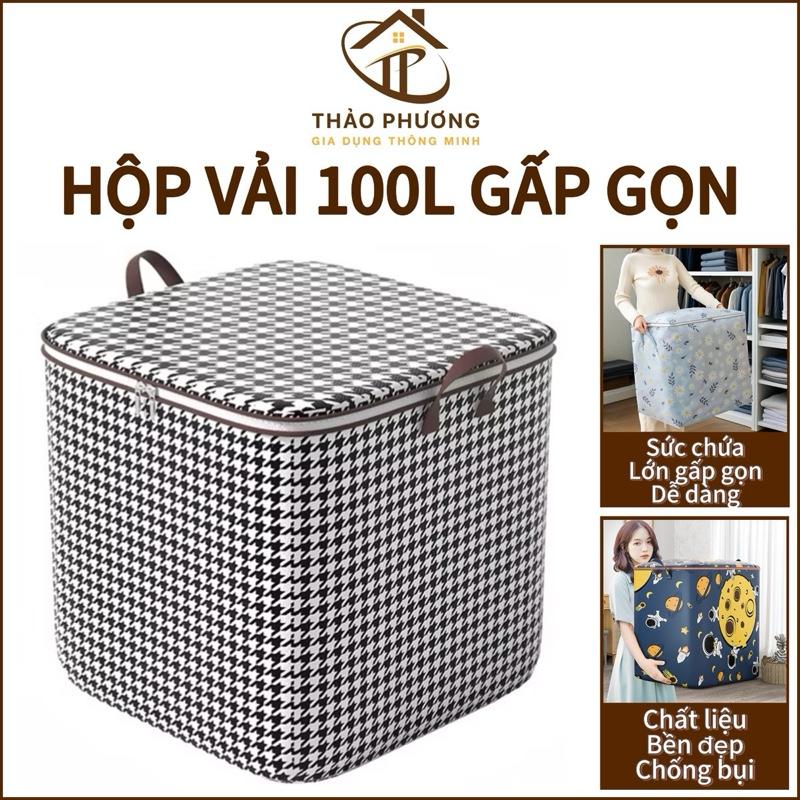 Hộp Vải Đựng Đồ Gấp Gọn 100L 42-40-40cm Kẻ Caro Trắng Đen, Nắp Khóa Kéo, Tay Cầm Tiện Lợi