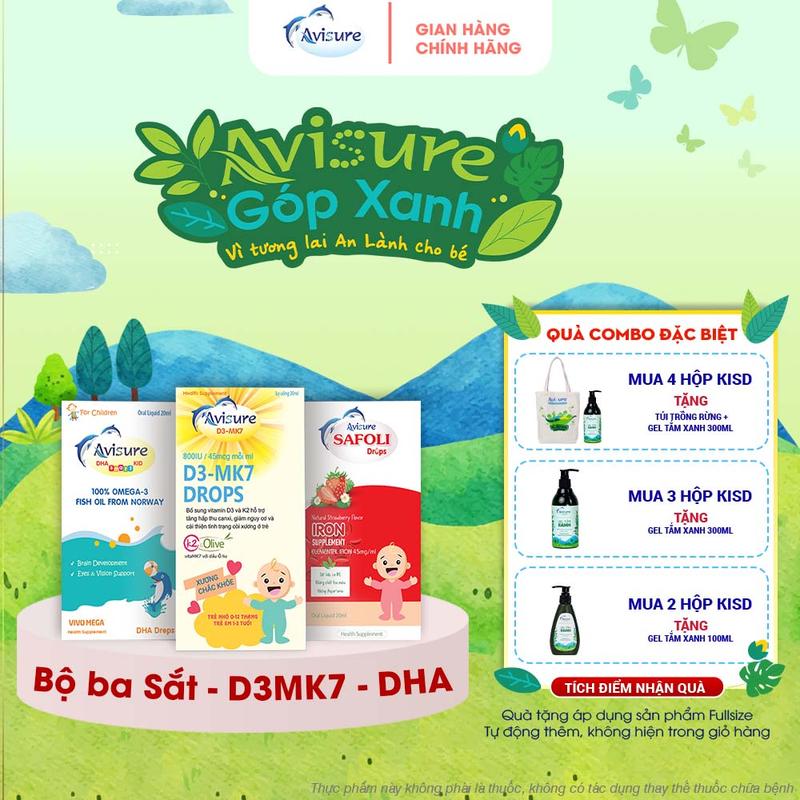 (Tích điểm nhận quà ) Bộ ba Lọ Avisure Safoli 20ml, lọ Avisure  D3Mk7 20ml, lọ Avisure DHA lọ 20ml hỗ trợ bổ sung Sắt, D3Mk7, DHA cho bé Vitamin Siro Ăn Ngon