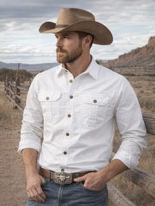 Camisa de hombre estilo occidental de manga larga con botones al frente, camisa de trabajo de vaquero vintage, mezcla de algodón transpirable, prenda casual para exteriores con bolsillos en el pecho