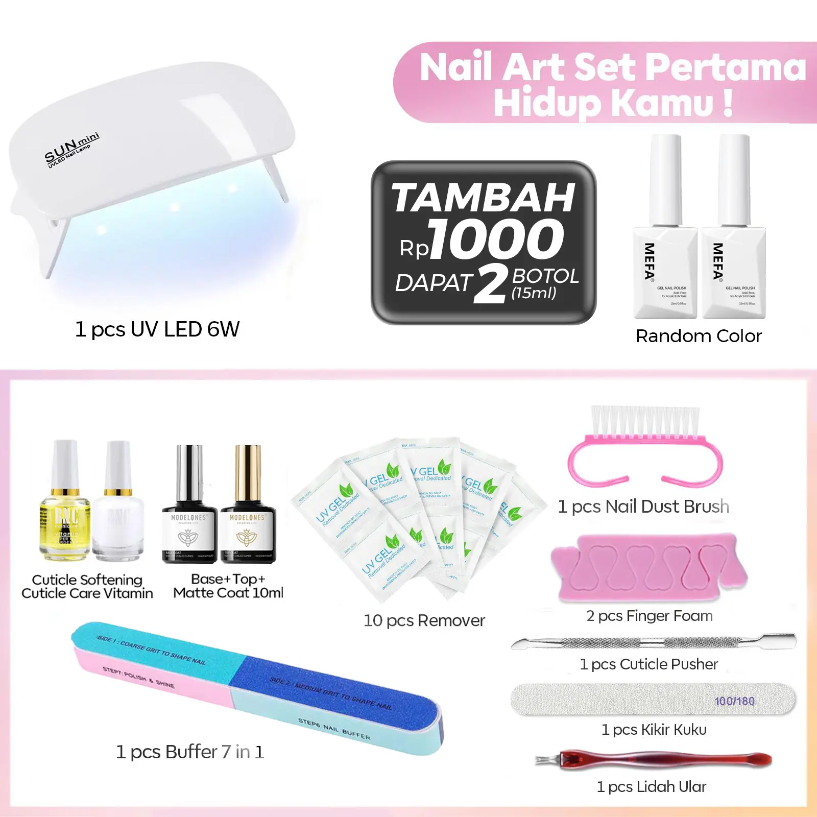 Mefa Paket Nailart pro unyu unyu untuk pemula / setkumplit nailart Kuku 15ml Kutek Gel warna Random 2pcs