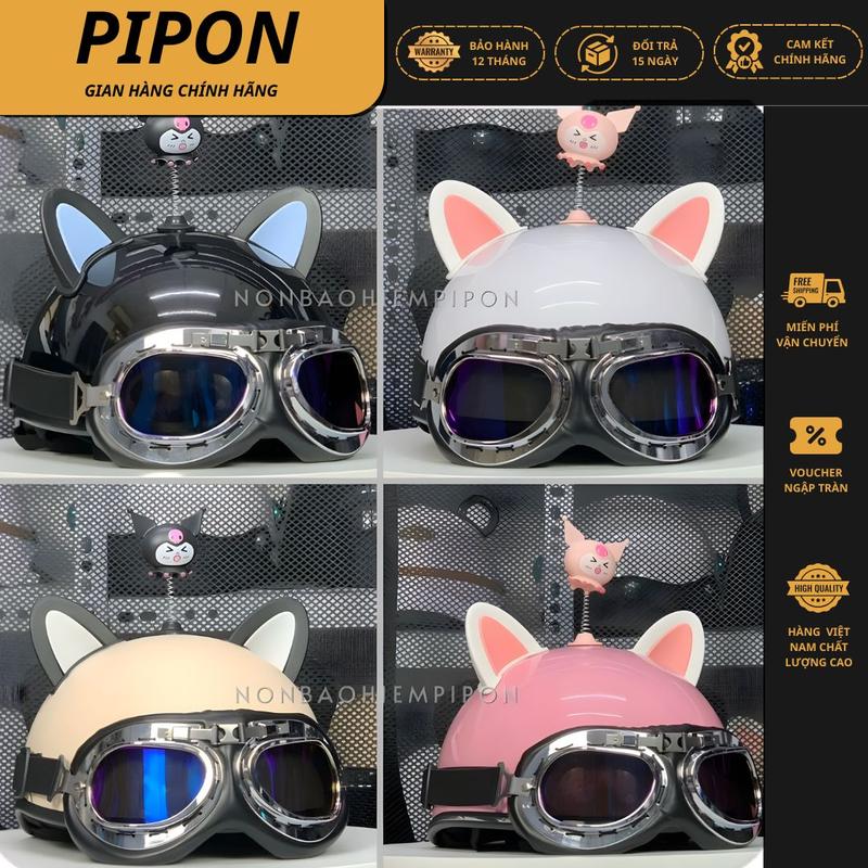  Mũ bảo hiểm nửa đầu kính phi công kèm tai mèo và bông hoa kuromi dễ thương nón bảo hiểm kèm phụ kiện tai hoa và con dơi 