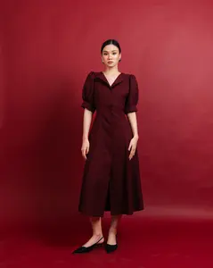 [Jexiva] - Dress Midi Wanita Lengan Puff A-Line Dress Vneck Kerah & Tali Pita belakang Gaun Casual Pesta Warna Maroon Hitam Putih Oat Allsize Anette Dress
