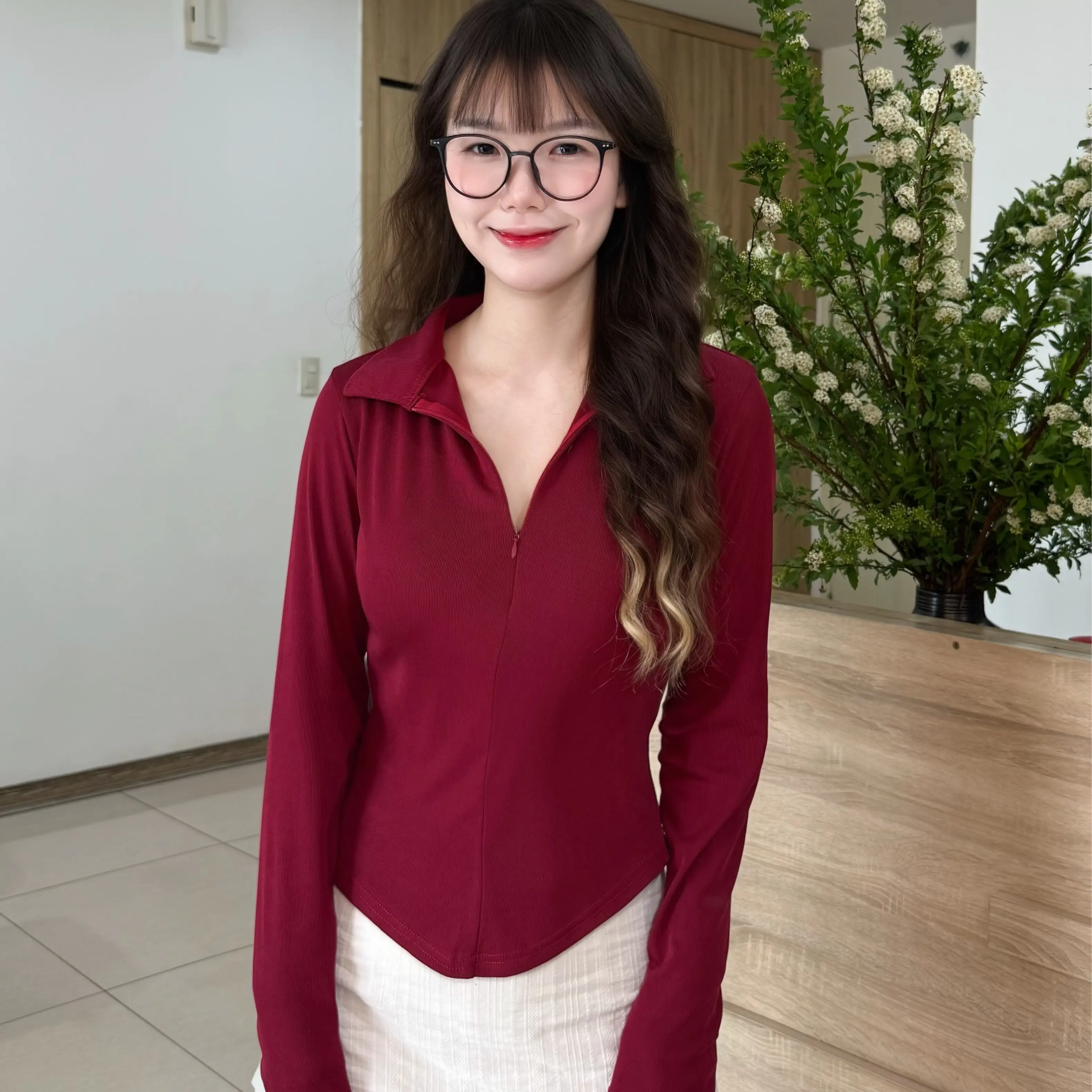 [Ảnh shop chụp] Áo Thun Nữ Cổ Bẻ Dài Tay Phối Khóa Kéo Dáng Ôm Vạt Bầu Chất Thun Tăm Hàn Mịn – BY BOOM STORE VN | BigBuy360 - bigbuy360.vn