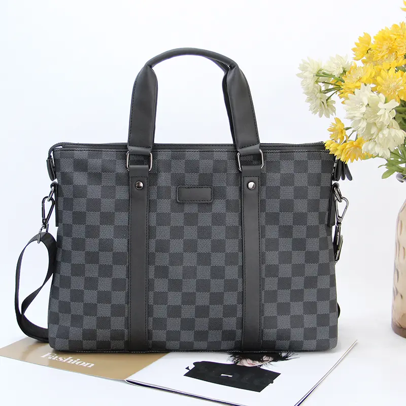 European and American men's bags plaid handbags business leisure shoulder bags horizontal computer briefcases new leather file bags
