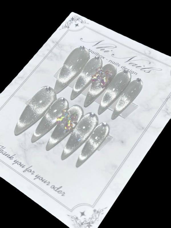 N008 bộ 10 chiếc nailsbox thủ công  mắt mèo thạch gạo  phối chamr đính đá lấp lánh làm nails nữ