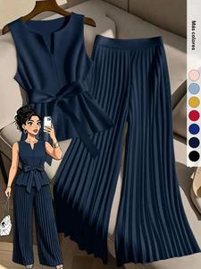 Conjunto de mujer talla grande de 2 piezas: top sin mangas con peplum, pantalones de pierna ancha plisados, cintura ajustable y cuello en V; tejido fluido plisado, elegante, moderno, ideal para oficina/trabajo.