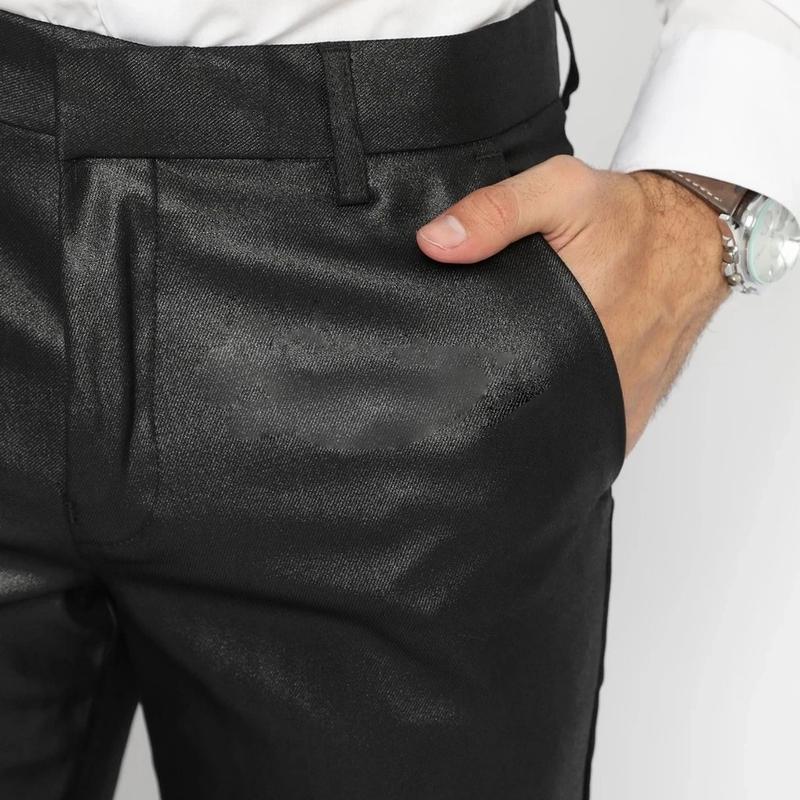 Celana Kerja Pria Bahan Dasar Mengkilap Metalik Slimfit Kerja Kantor Formal Premium Panjang Hitam Cowok 3