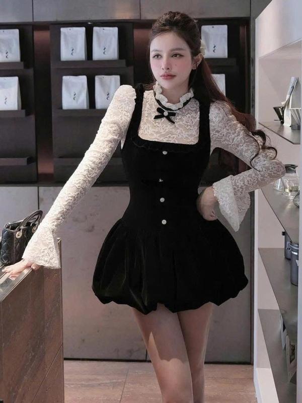   Kèm quần  Set váy yếm nhung dáng bí phối áo ren lưới dài tay đính nơ cổ set đồ nữ sang chảnh set váy xinh 