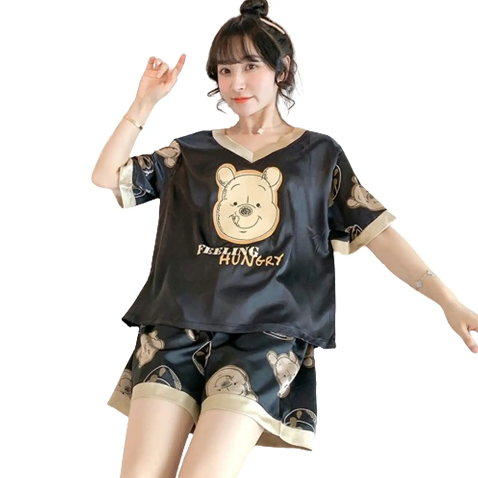 Piyama Tidur Wanita Baju One Set Dewasa Pendek Pakaian Setelan STEL1 Nyaman Satin Celana Panjang