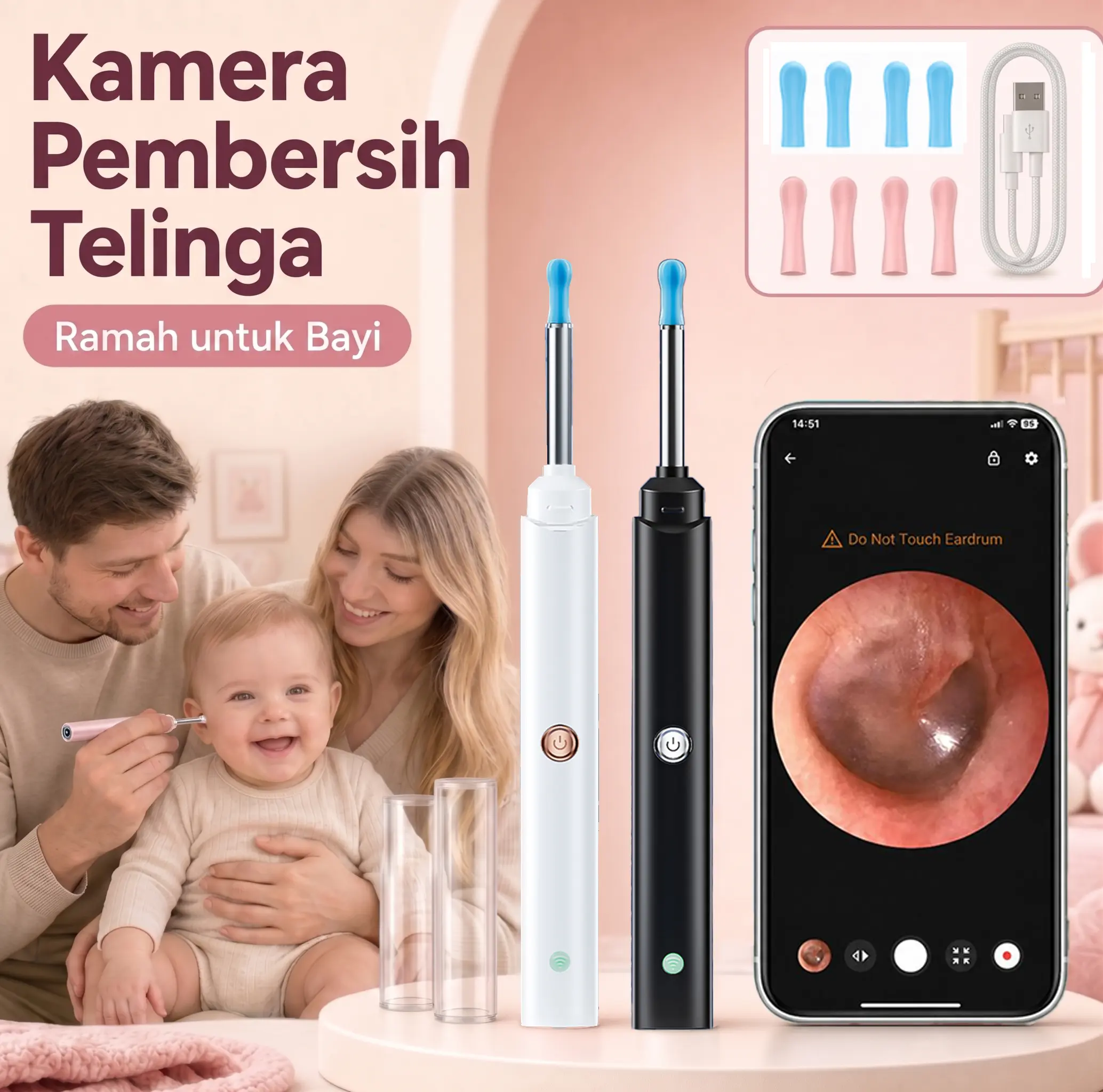 KAKIM IAlatPembersih Telinga Bayi memiliki desain tahan air dengan kamera sendok telinga memudahkan pengangkatan kotoran telinga. Dilengkapi dengan 8 penutup sendok telinga silikon yang aman untuk mencegah cedera telinga dan menghambat pertumbuhan bakteri