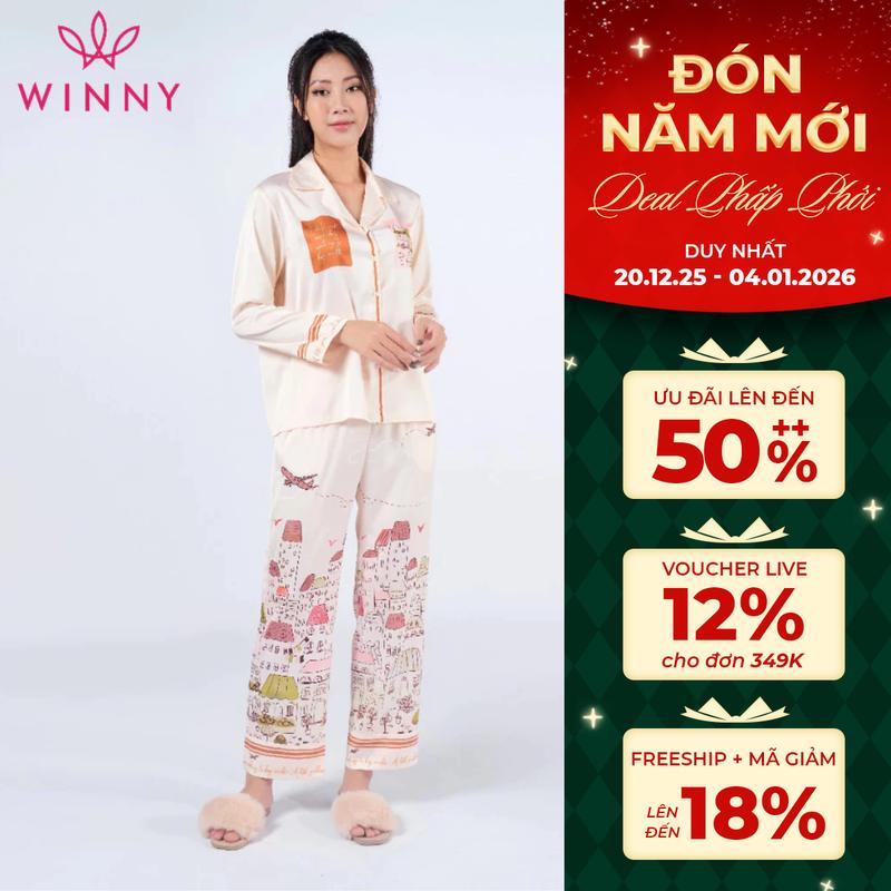 WINNY - Bộ Mặc Nhà Nữ WINNY Pijama Dài Tay Chất Lụa Satin 1MNSA22526D