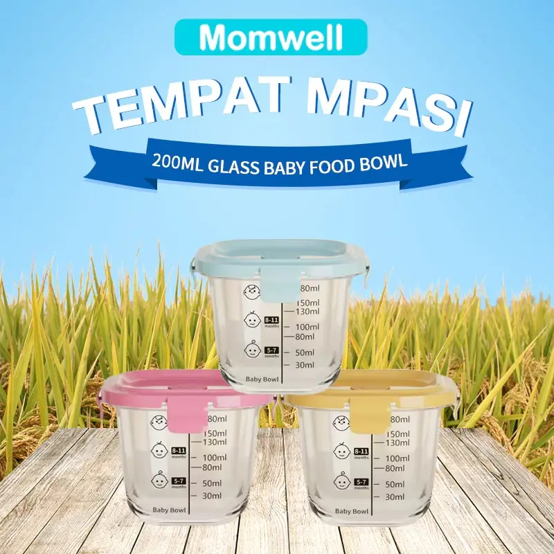Momwell GFB23  200ML Baby Food Container Mpasi Mangkok Mpasi Kaca Container Mpasi Wadah Mpasi
