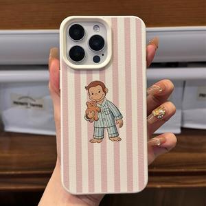 Funda para celular de TPU a rayas con diseño de mono lindo, textura de cuero, cubierta suave, funda protectora de moda para iPhone 16 15 14 13 12 11 Pro Max Plus X XS XR