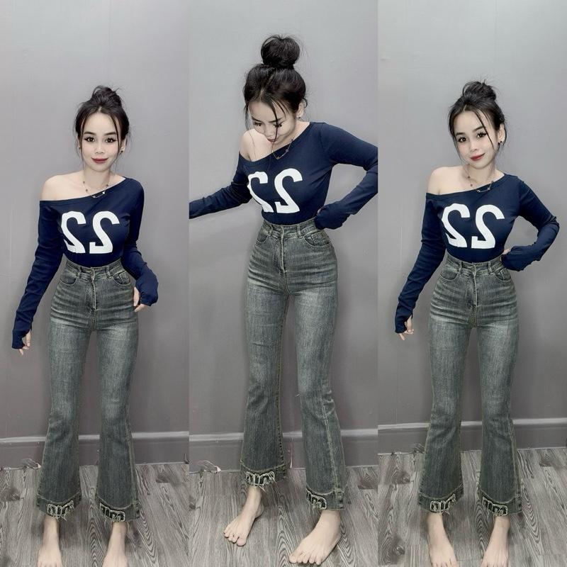 Diễm Bella - From nhỏ Quần Jean Loe QC 9 tấc 90cm lai Thêu chữ Min Xù