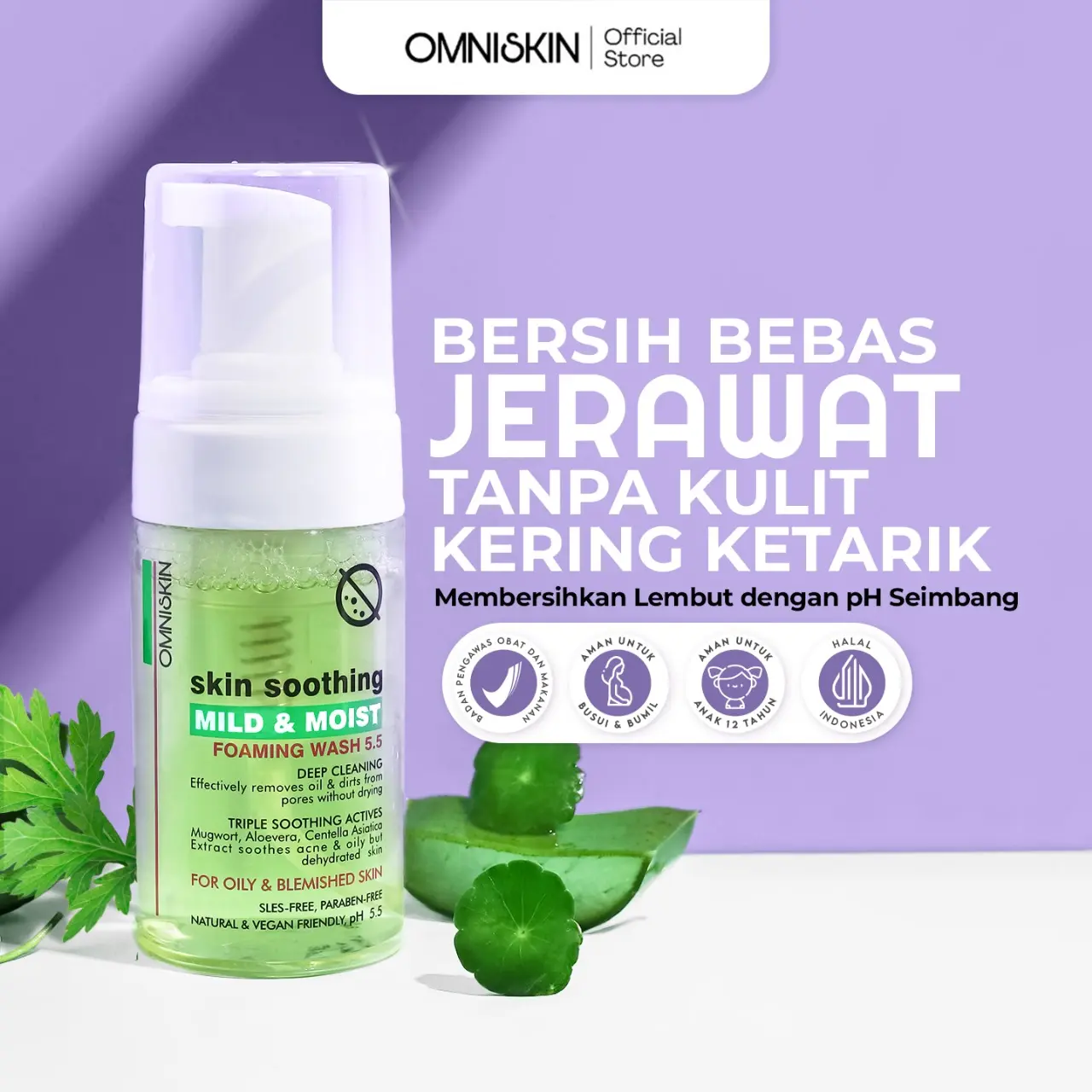 OMNISKIN SKIN SOOTHING MILD&MOIST FOAMING WASH pH 5.5 - Facial Wash Cica / Anti Acne Facial Foam / Sabun Muka Anti Jerawat Berminyak