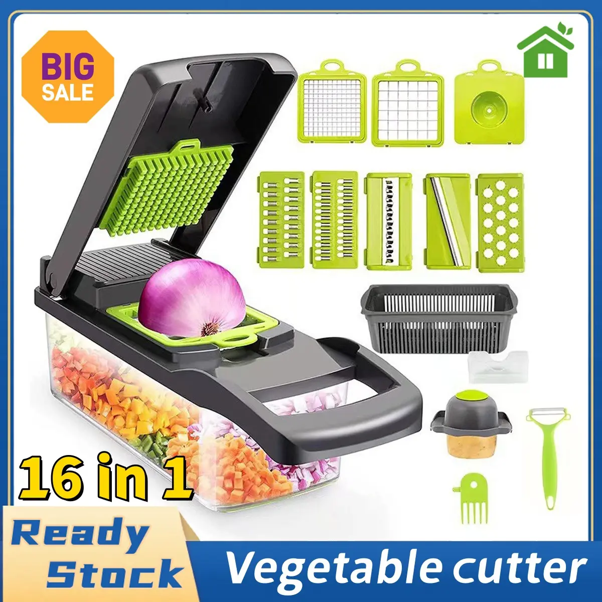 【COD】 16 in 1 Vegetable Chopper Multi-functional Vegetable Cutter Pencincang Sayur cutter sayur /Multi Grater /Peeler Kitchenware Slicer Steel Handle