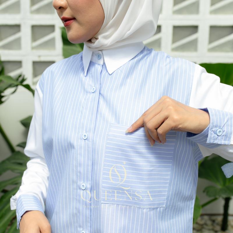 Queensa - Kemeja Azalea Wanita Salur Katun Rayon Polos + Pita | Blouse Lengan Panjang Stylish & Nyaman | Outfit Hijab Casual Terbaru 5