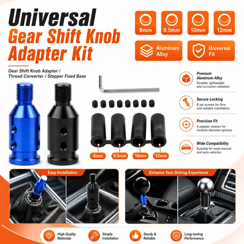 Kit Adaptor Tombol Pemindah Gigi Universal, Konverter Ulir Aluminium, Adaptor Tuas Pemindah Gigi, Penghenti, Set Basis Tetap 8mm 9.5mm 10mm 12mm