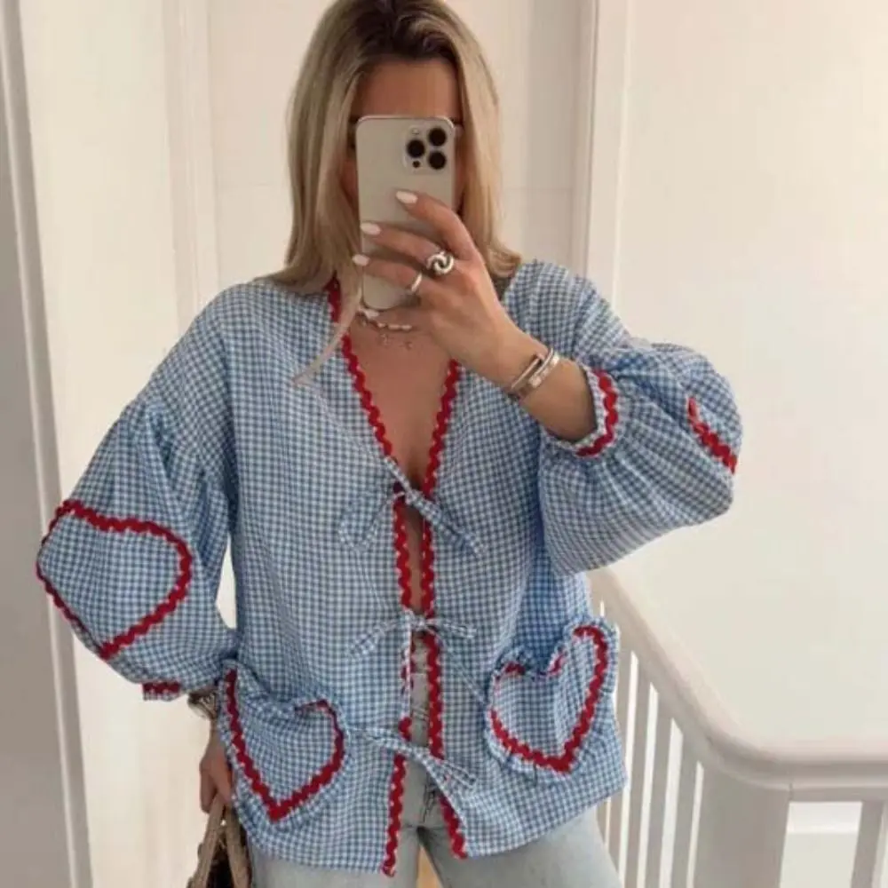 Leisure V-neck Plaid Bowknot Lace Up Blouse Ruffle Stripe Summer Bowknot Tied Shirts Tops Lantern Sleeve Heart Pockets Loose Chic Puff Sleeveless Blouse Tops Ladies