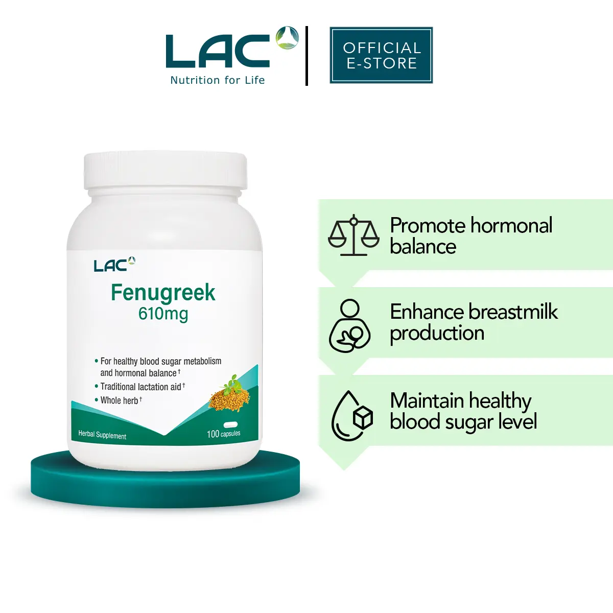 LAC Fenugreek 610mg (100 capsules) - best natural milk booster milk flow volume hormone balance postnatal lactation vitamin herb for mummies