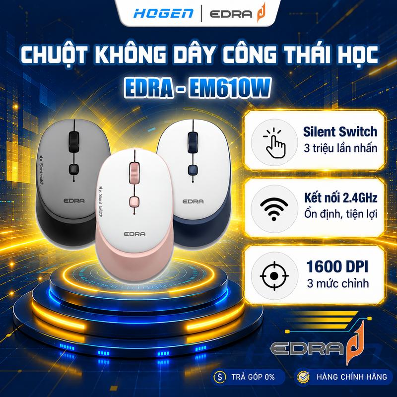 CHUỘT VĂN PHÒNG KHÔNG DÂY CÔNG THÁI HỌC EDRA EM610W – SILENT CLICK TIẾNG ÊM | 1600 DPI | 2.4GHz| PIN DÙNG LÂU TRÊN 3 THÁNG