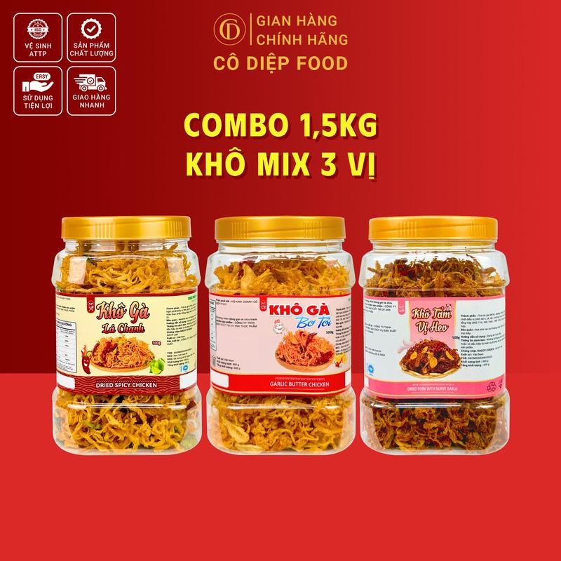 1.5KG Khô Mix Vị Combo 1KG Khô Gà Chanh Bơ Tỏi + 500Gr Khô Tẩm Vị Heo - Cô Diệp Food Đầy Đủ Hồ Sơ Công Bố & Kiểm Nghiệm Sản Phẩm