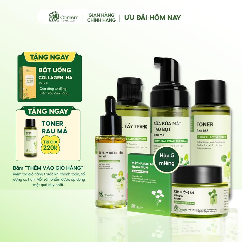 [COMBO TẶNG TONER RAU MÁ] Bộ Sản Phẩm Chăm Sóc 6 Sản Phẩm Da Mụn Rau Má Nước Tẩy Trang Sữa Rửa Mặt Toner Serum Kem Dưỡng Mặt Nạ Rau Má Cỏ Mềm