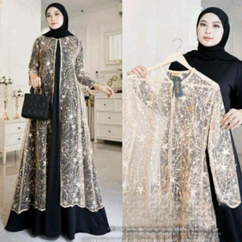 outer cardigan gamis brukat tule lengan panjang kekinian 2