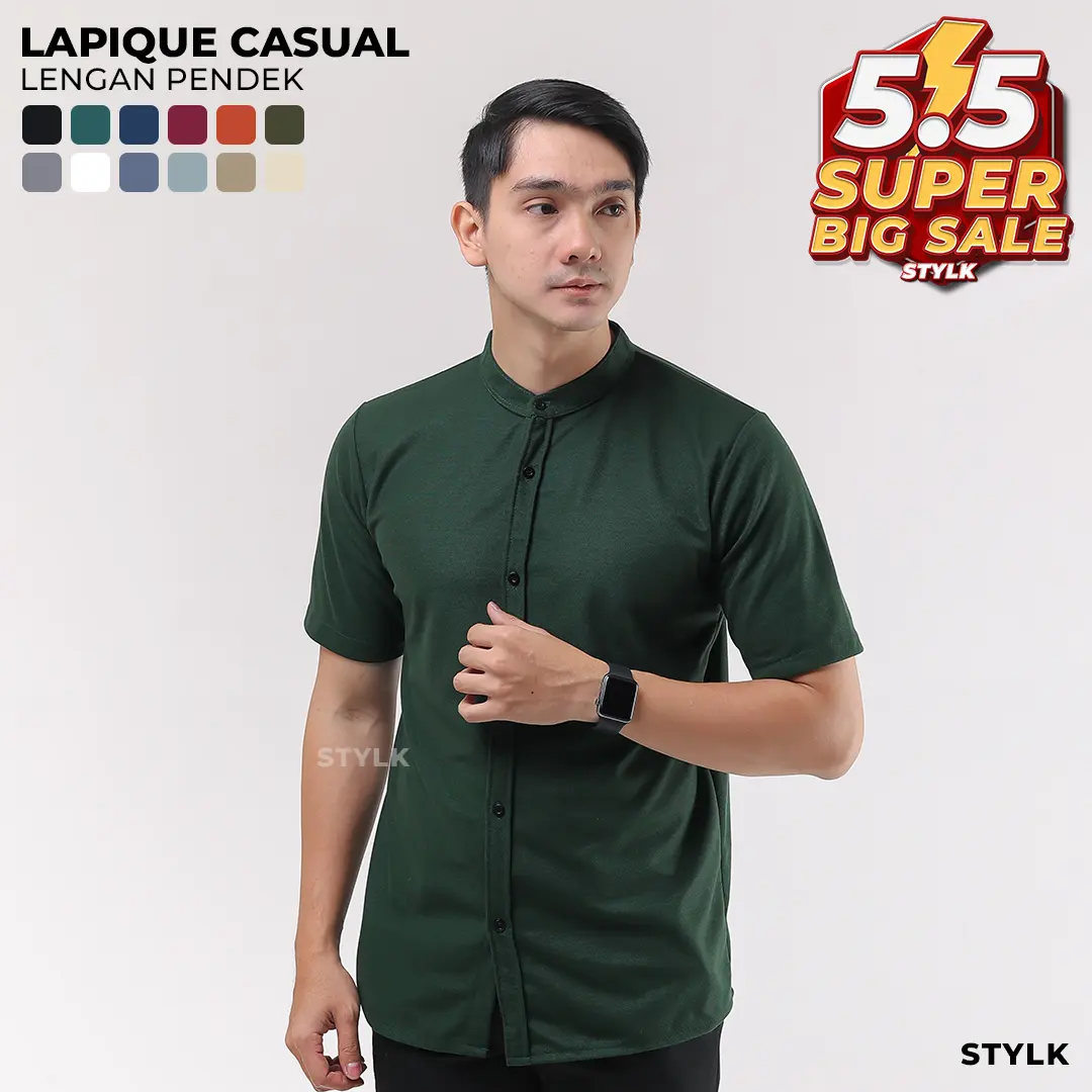 Stylelaki LAPIQUE - Kemeja Hijau Botol Pria Casual Lengan Pendek Slim Fit Anti Kusut Nyaman dan Lembut